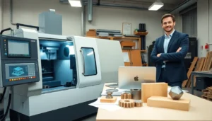 small business owner with cnc machine in a modern workshop