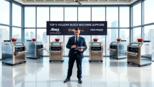 construction executive reviews five modern hollow block machines in a corporate showroom