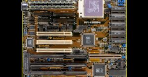 detailed close up of a vintage motherboard showcasing electronic circuits and components
