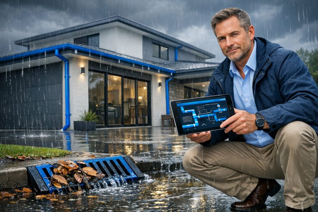 brisbane property owner inspecting blocked stormwater drain on rainy day