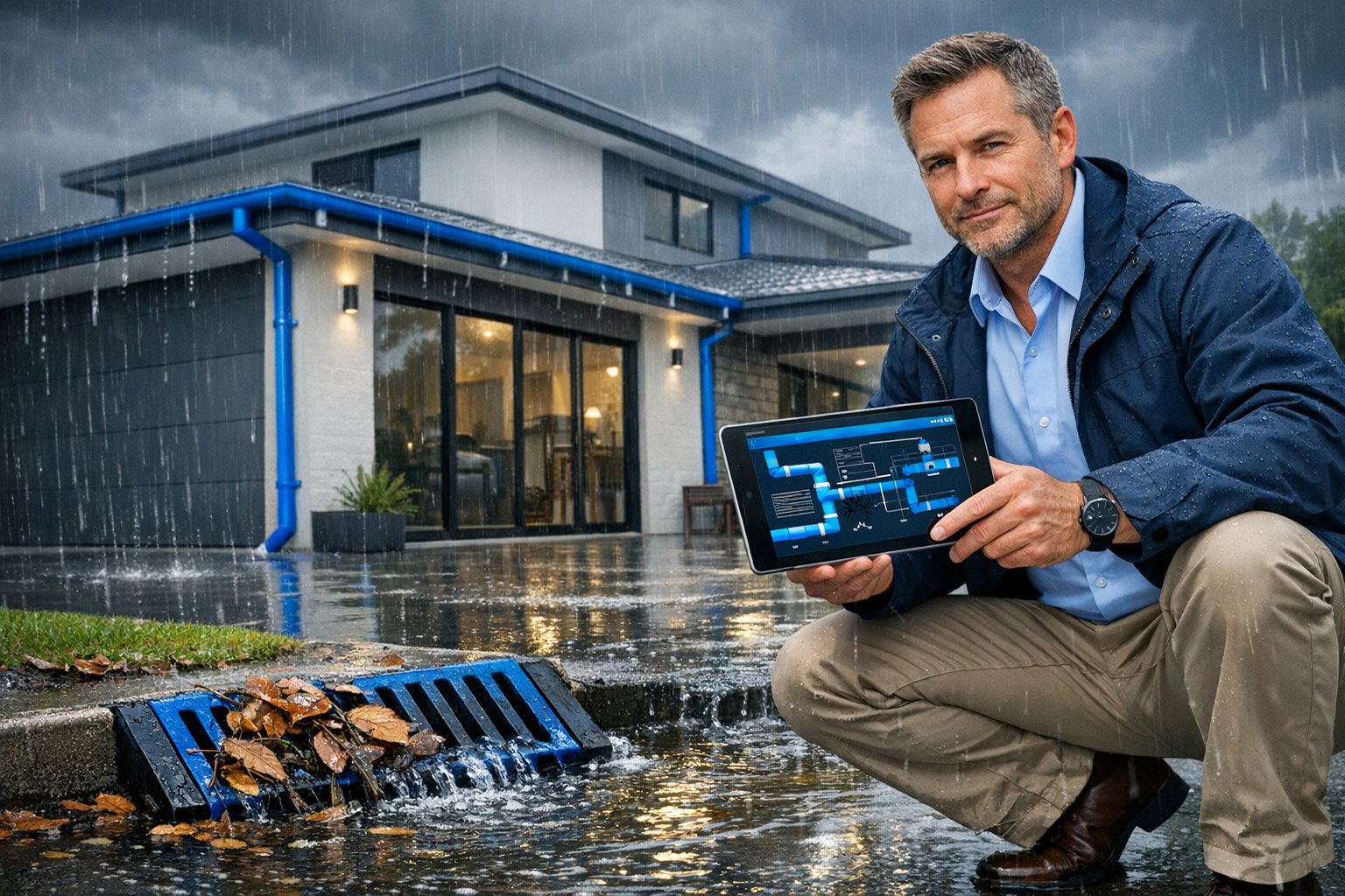 brisbane property owner inspecting blocked stormwater drain on rainy day