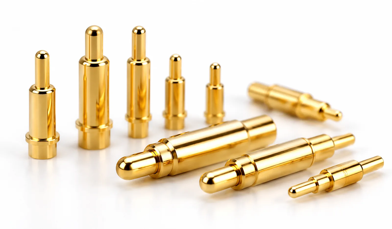 Gold-plated pogo pin connectors on white background.